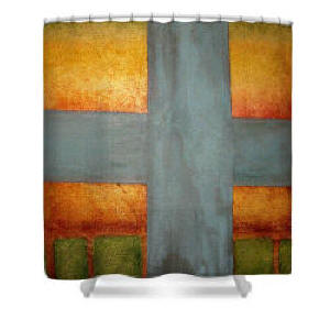 Shower Curtain - Gold & Green Cross Painting by Artist - DesignerAnni Adkins